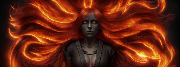 Woman with flaming flying red hair and fiery eyes in leather clothes on a dark background Illustration with a frightening girl with a burning hairstyle Generative AI