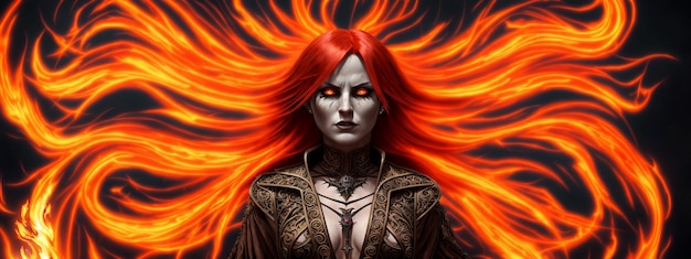 Woman with flaming flying red hair and fiery eyes in rich clothes with jewelry on a dark background Illustration with a frightening girl with a burning hairstyle Generative AI