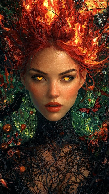 Woman with Flaming Hair and Nature Elements