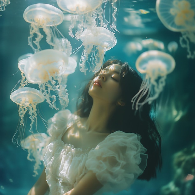 Photo woman with floating jellyfish calm mystical dreamlike luminescent ethereal