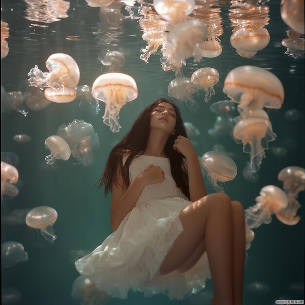 Photo woman with floating jellyfish calm mystical dreamlike luminescent ethereal