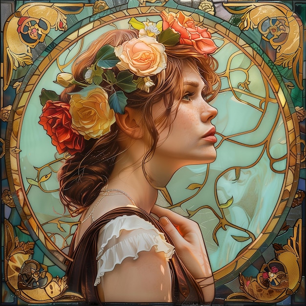 Woman with a floral crown in her head art nouveau