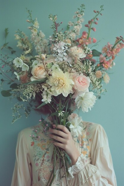 Photo a woman with a floral head covering her face with flowers in her hair