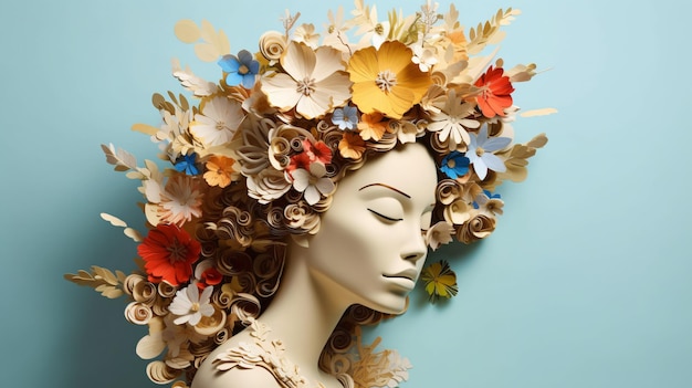 A woman with a floral headpiece made of paper