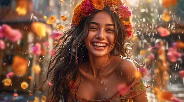 A woman with a flower crown in the fall