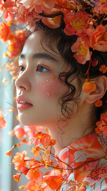 a woman with a flower crown and the hair is wearing a headband