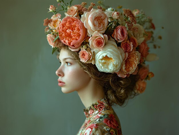 A woman with a flower crown on her head and a dress on her head