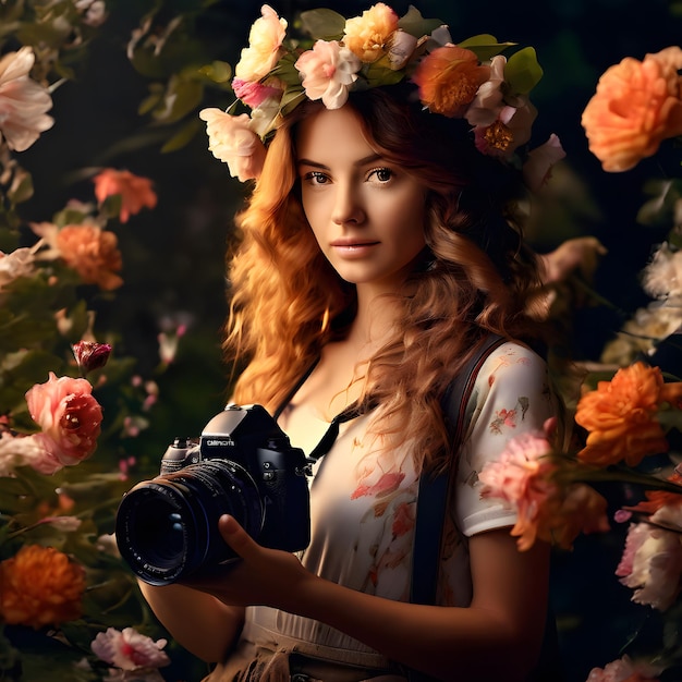 a woman with a flower crown on her head is holding a camera