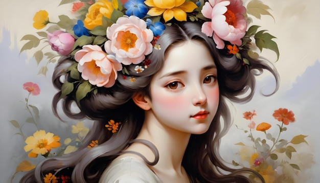 a woman with a flower crown on her head is painted in a painting