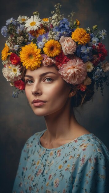 A woman with a flower crown on her head is standing in front of a black wall