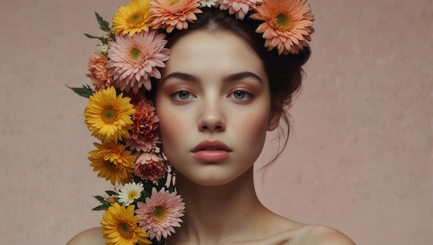 A woman with a flower crown on her head is standing in front of a pink wall