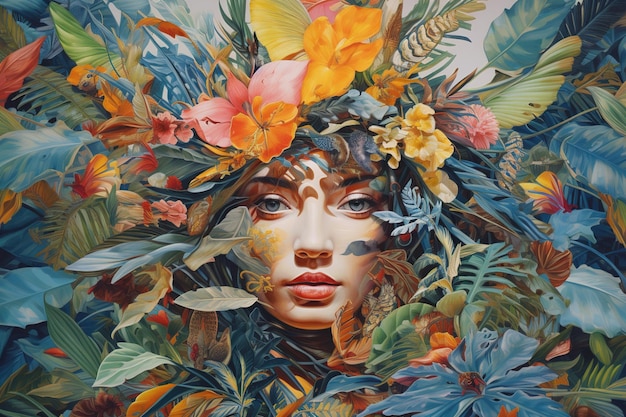 A woman with a flower crown on her head is surrounded by leaves and flowers