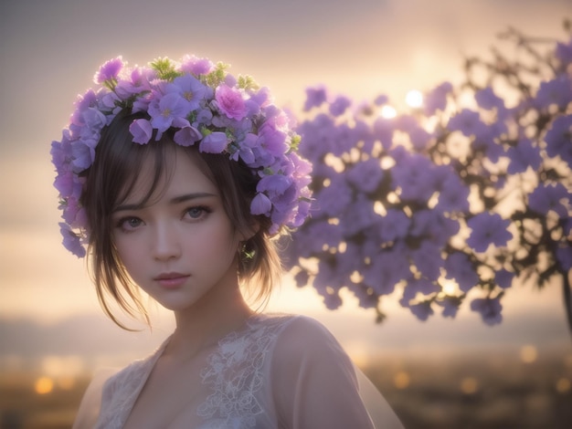 A woman with a flower crown on her head stands in front of a sunset.