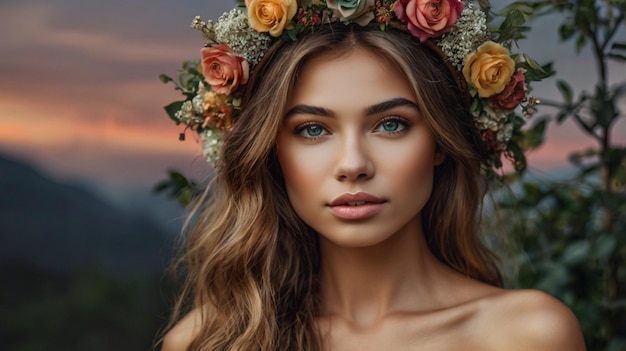 Photo a woman with a flower crown on her head