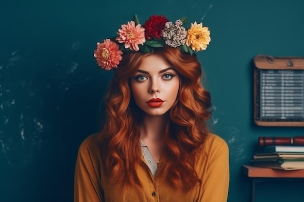 A woman with a flower crown on her head