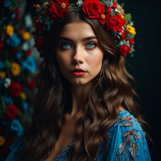 A woman with a flower crown on her head