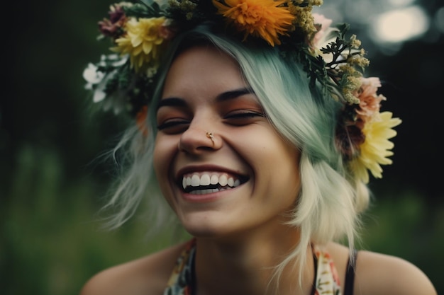 a woman with a flower crown on her head