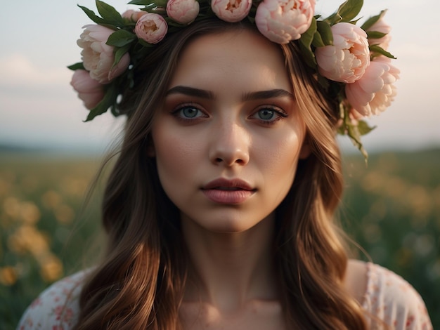 a woman with a flower crown on her head