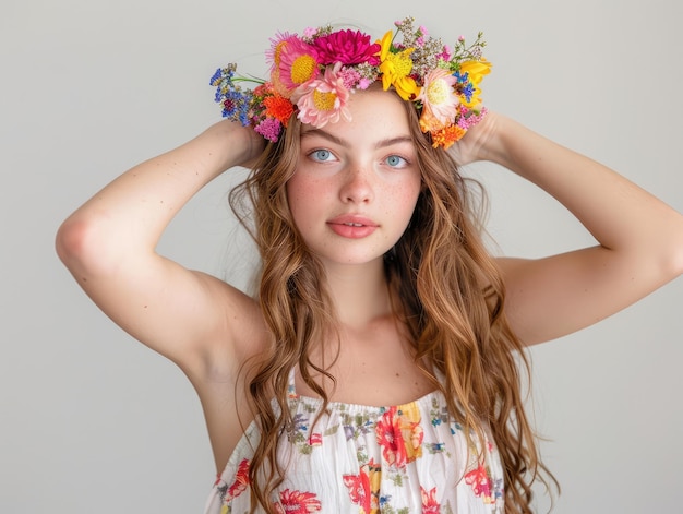 Photo a woman with a flower crown on her head