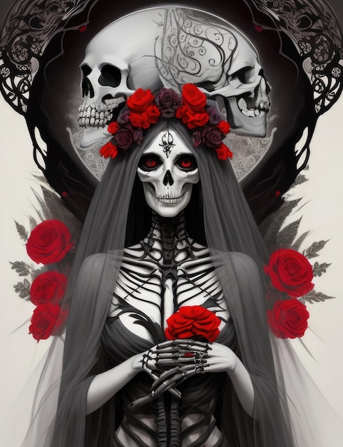 A woman with a flower crown and a skull on her head stands in front of roses.