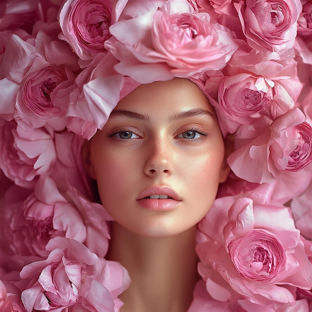 Photo a woman with a flower hat and a pink flower in the background