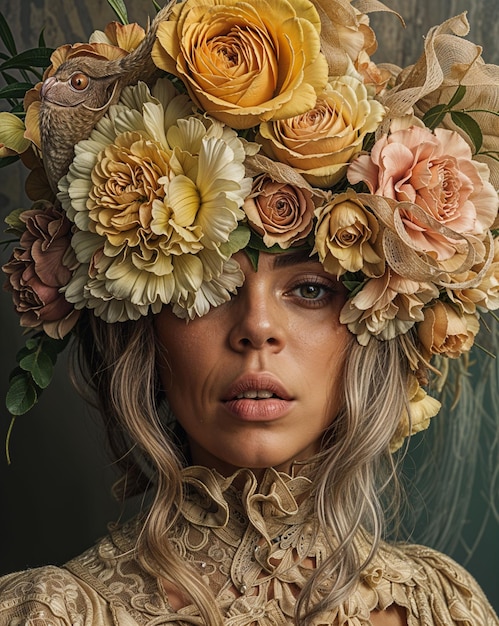 Photo a woman with a flower hat that says  flowers