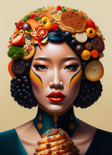 A woman with a flower headdress and a headband with food on it.