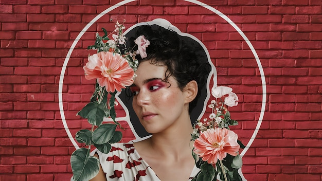 a woman with a flower in her hair and a circle behind her head