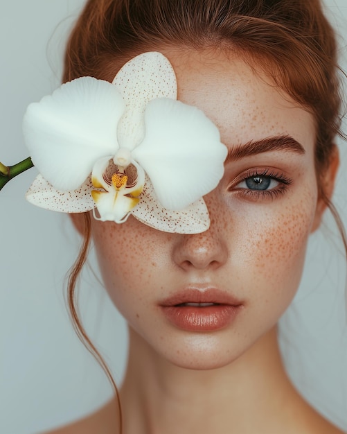 a woman with a flower in her hair and a flower in the foreground