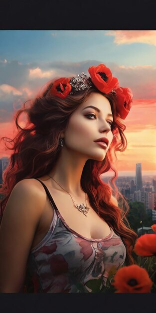 a woman with a flower in her hair is standing in a field with a city in the background