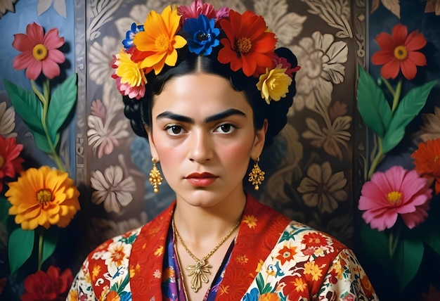 Photo a woman with a flower on her hair is wearing a colorful outfit