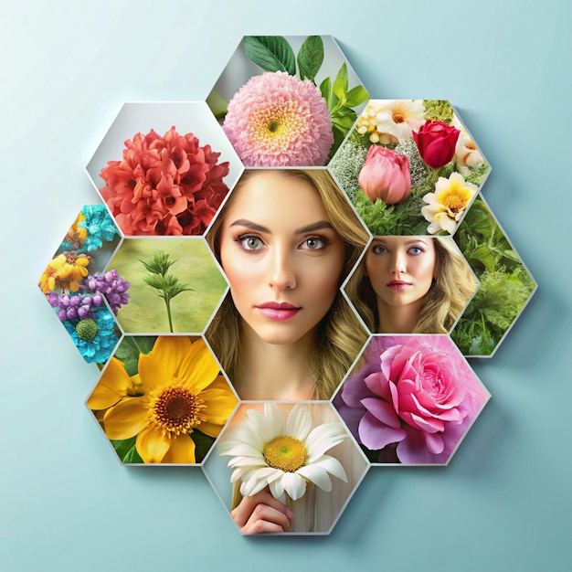 Photo a woman with a flower in her hair and a picture of a woman with flowers in her hair