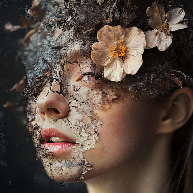 Photo a woman with a flower in her hair and the reflection of her face