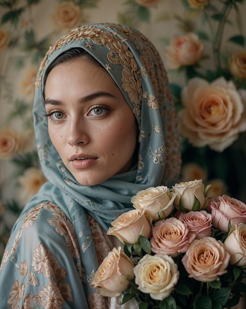 a woman with a flower in her hair and a scarf that says the name