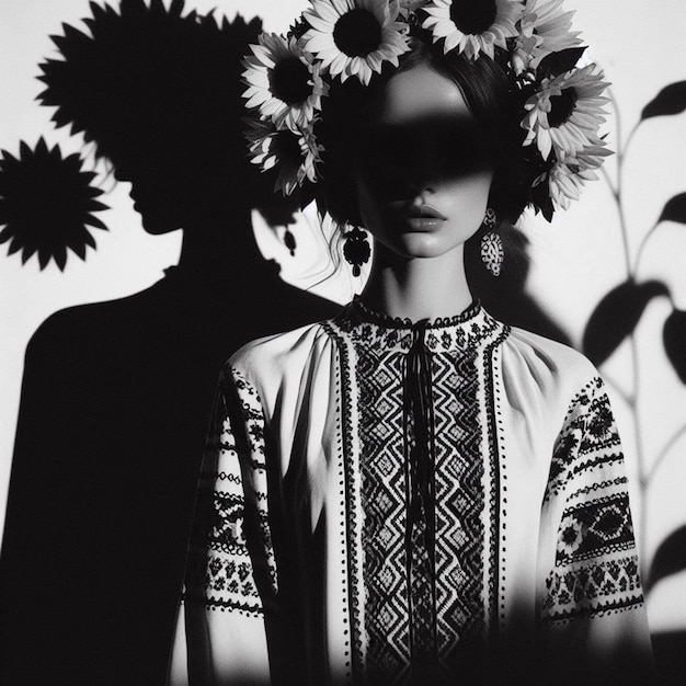 a woman with a flower in her hair and a shadow of a woman in a floral dress