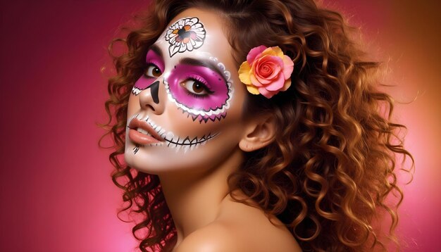 Photo a woman with a flower in her hair and a skull painted on her face