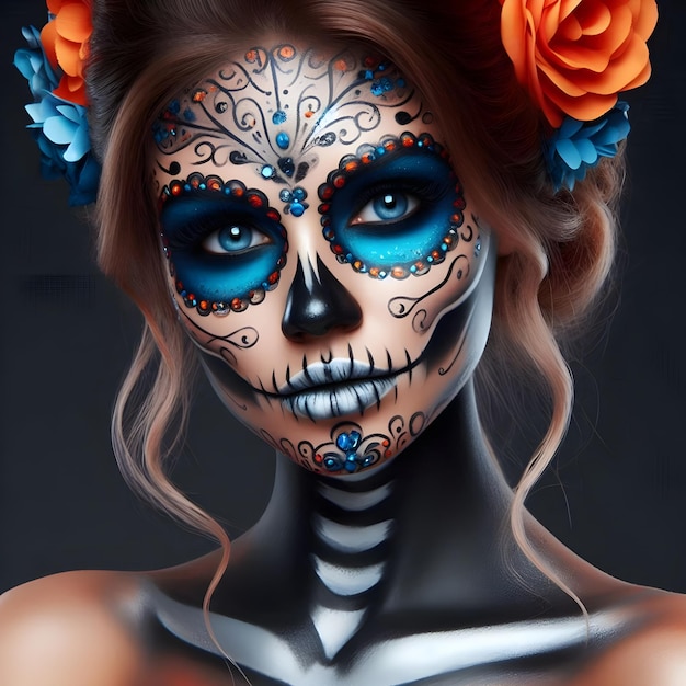 Photo a woman with a flower in her hair and a skull with flowers on her head