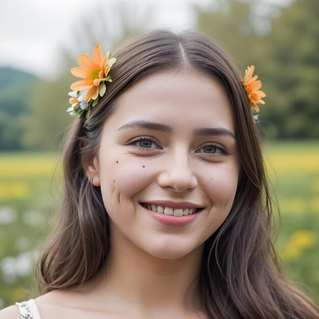 A woman with a flower in her hair smiles