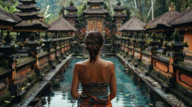 Photo a woman with a flower in her hair stands in front of a large body of water generate ai image