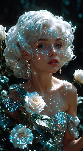 a woman with a flower in her hair and a white rose in her hair