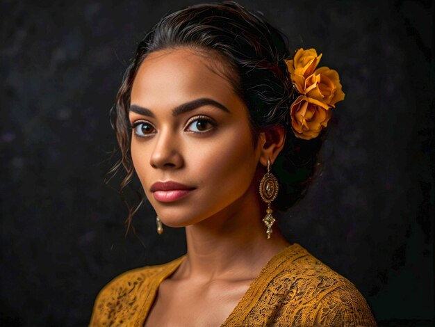 a woman with a flower in her hair