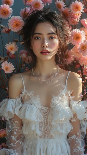 a woman with a flower on her head is posing with a flower in her hair