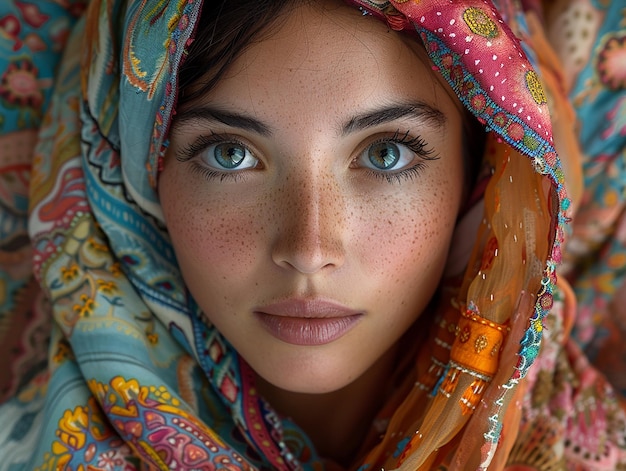 a woman with a flower on her head is wearing a colorful shawl