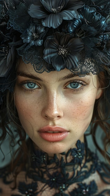 a woman with a flower on her head is wearing a hat that says  freckles