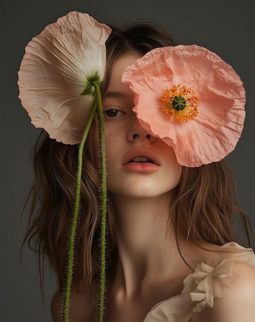 Photo a woman with a flower in her mouth is covered by a flower