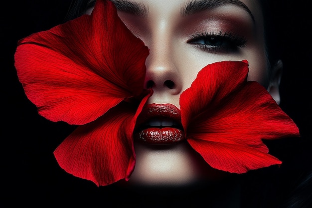 Photo a woman with a flower in her mouth is covered with red petals