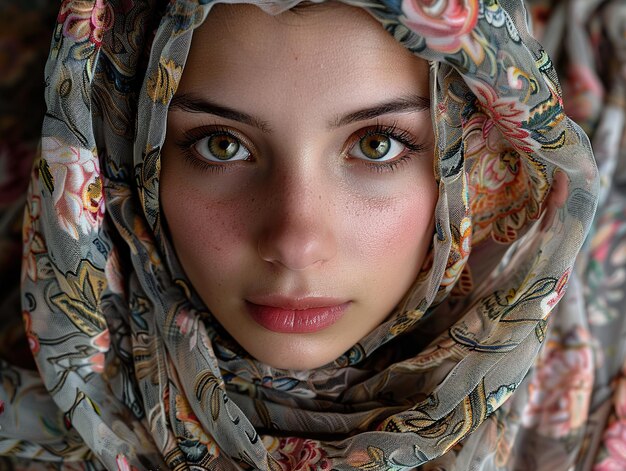 a woman with a flowered scarf that says  wild