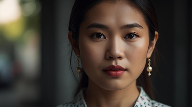 Photo a woman with a flowered shirt and earrings