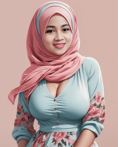 a woman with a flowered shirt and a pink scarf