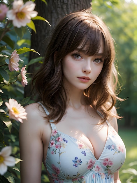 a woman with a flowered top and a flowered top is posing in front of a green background